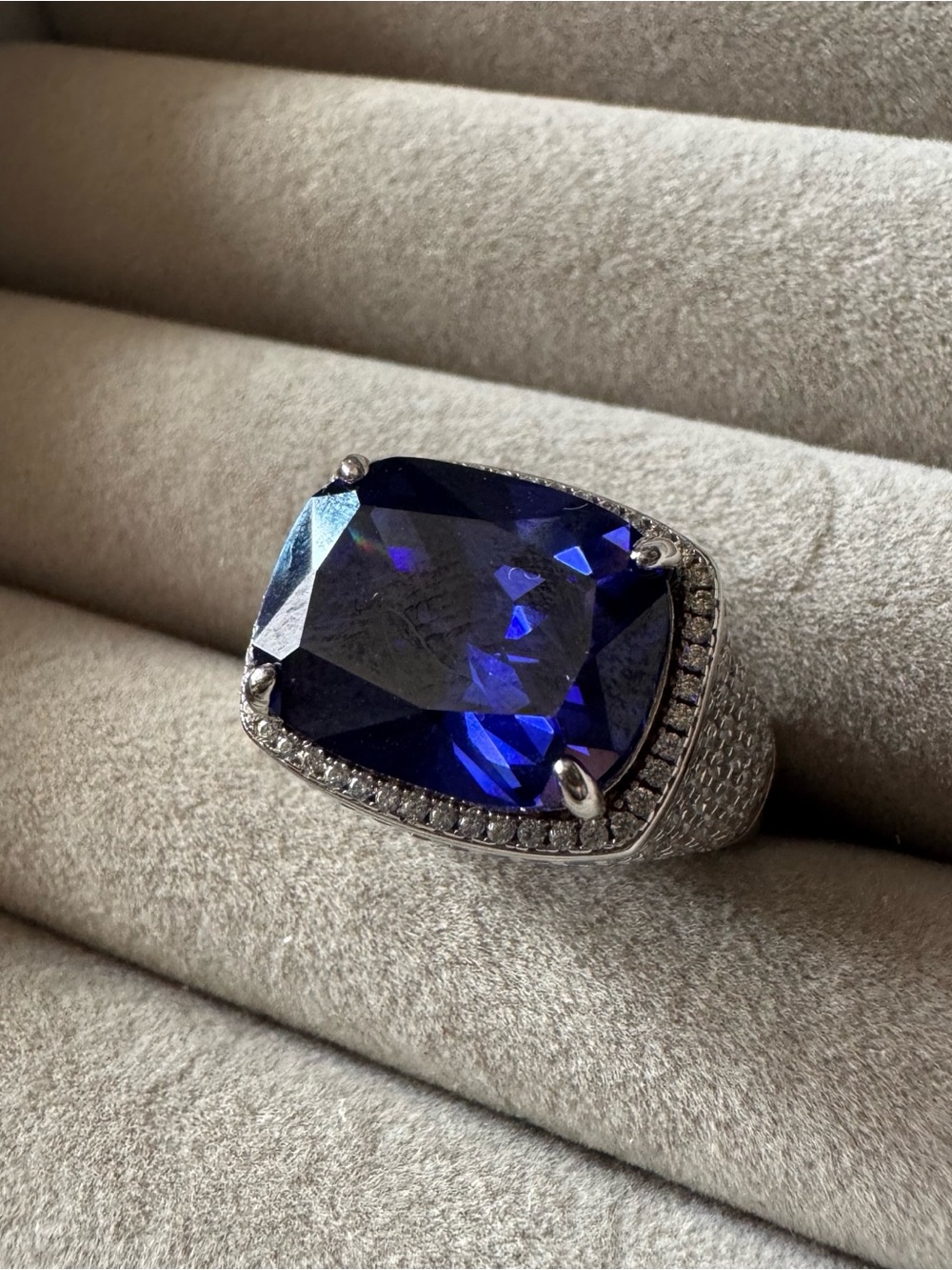 925 Sterling Silver Simulated Blue Sapphire & CZ Statement Ring Size 9